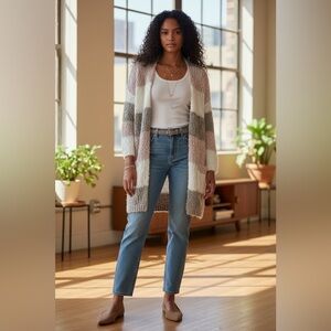 Elegant Striped Women's Cardigan - Cream, Gray, and Brown